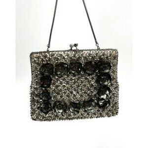 Vintage Union‎ Made Silver Beaded 3D Sequin Flower Evening Bag Please READ